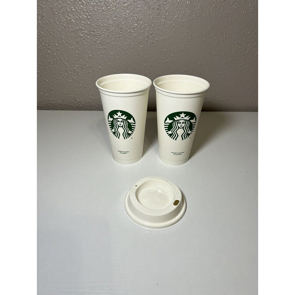 STARBUCKS LOT OF 2 HOT DRINK CUPS WITH A LID REUSABLE RECYCLABLE 16 OZ